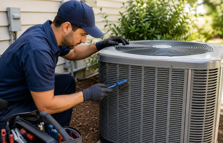 AC maintenance technician servicing an outdoor air conditioner in Hialeah, FL.